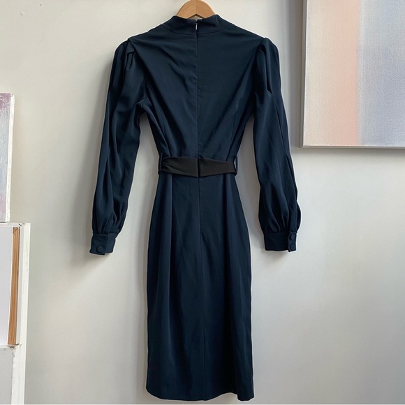 BADGLEY MISCHKA Navy Belted V-Neck Puff Sleeve Sheath Dress Size 2 - Picture 11 of 14